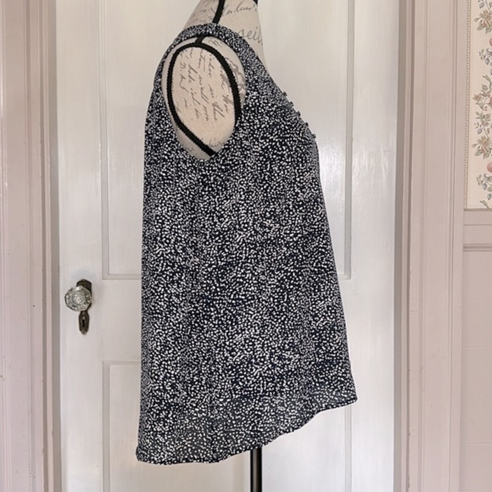 LILA ROSE Navy and Cream Spotted Sleeveless Blouse with Buttoned Chest